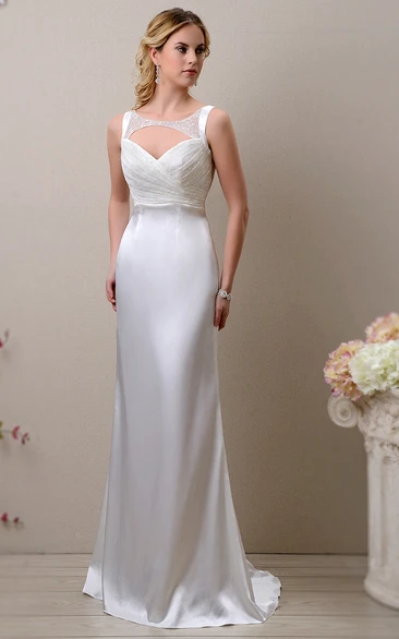 Sleeveless Satin Sheath Wedding Dress Keyhole Back Shimmering Bodice