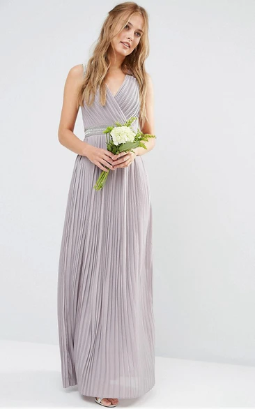 Ruched V-Neck Chiffon Bridesmaid Dress with Beading Ankle-Length