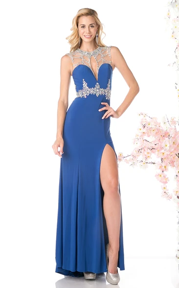 Jewel-Neck Jersey Illusion Prom Dress With Beading And Split Front Sheath