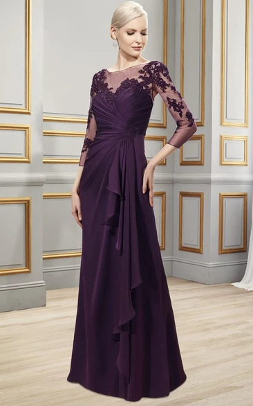 Appliqued Chiffon Formal Dress with 3/4 Sleeve Bateau Neck