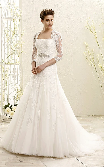 Strapless Lace and Tulle Wedding Dress with Appliques A-Line Long with Waist Jewelry