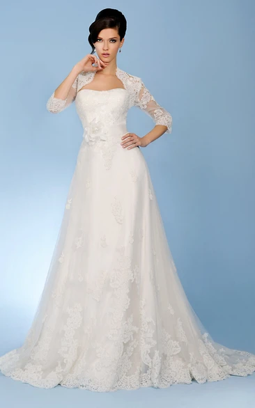 Caped Lace Wedding Dress with Appliques and Flower A-Line Strapless 3-4-Sleeve
