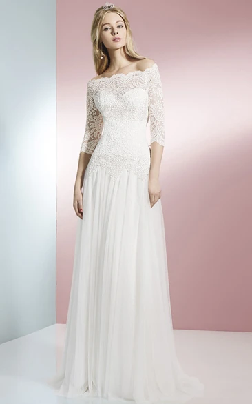 Off-Shoulder Lace Tulle Wedding Dress with Brush Train 3/4 Sleeve Sheath