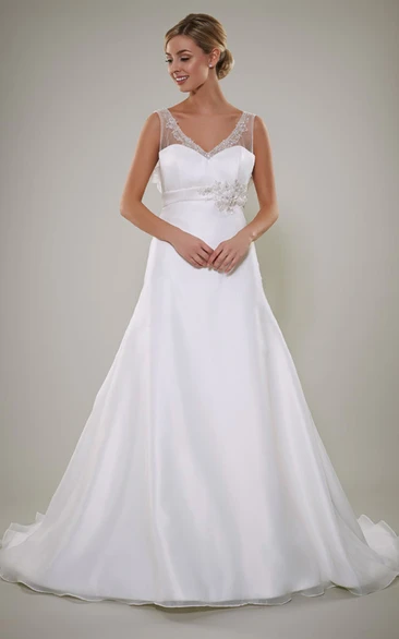 Long A-Line Satin Wedding Dress with V-Neck Beaded Bodice Ruffles and Deep-V Back