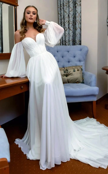 Chiffon Off-shoulder A-line Long Sleeve Wedding Dress with Court Train and Lace-up