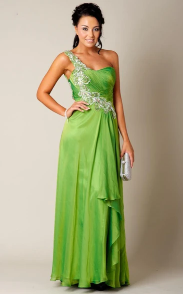 Beaded One-Shoulder Sheath Prom Dress with Ruching Long & Sleeveless