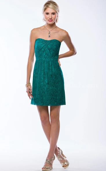 Lace Strapless Bridesmaid Dress with Keyhole Back and Pleats