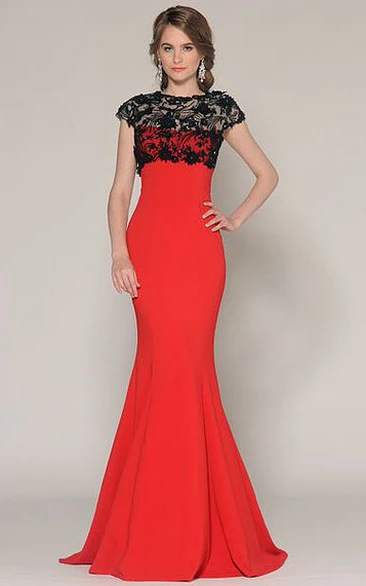 Cap-Sleeve Mermaid Jersey Prom Dress with Jewel-Neck and Lace