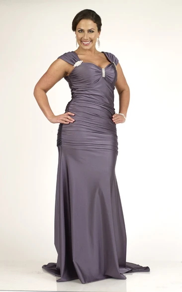 Cap-Sleeve Jersey Sheath Formal Dress with Ruching and Broach Sweep Train