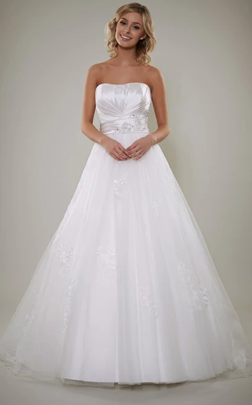 Beaded A-Line Strapless Satin Wedding Dress with Appliques and Lace-Up Back