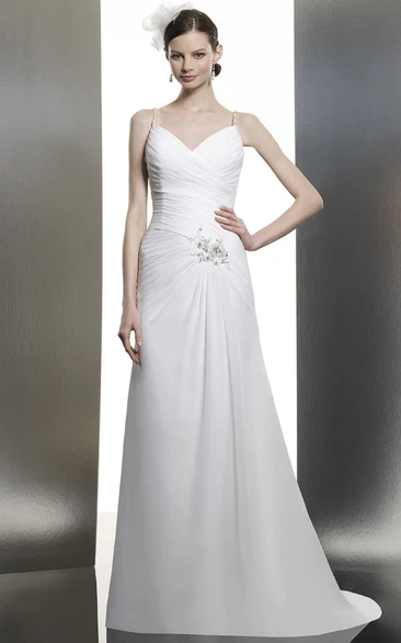 Beaded Ruched Chiffon A-Line Wedding Dress Spaghetti Straps Classy Bridal Gown