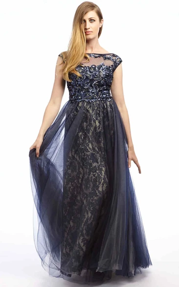 Floor-Length Bateau-Neck Tulle&Lace Prom Dress Cap-Sleeve Appliqued