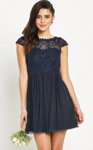Appliqued Tulle Bridesmaid Dress With Low-V Back Cap Sleeve Mini Flowy