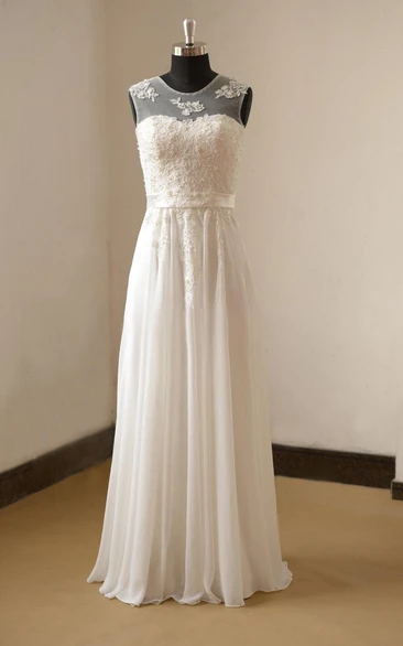Bridal Gown with Chiffon Lace Pearls and Pleats Jewel Neckline
