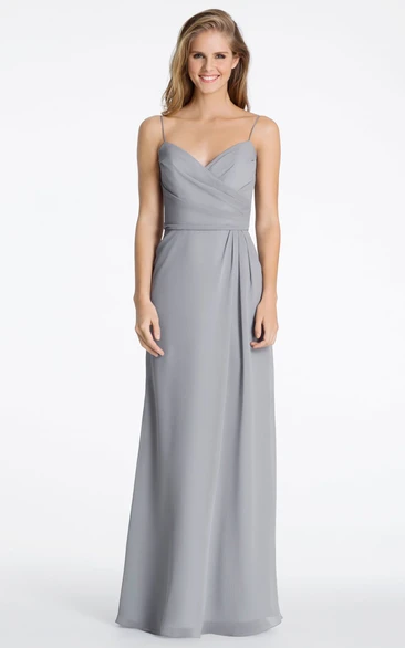 Ruched Spaghetti Strap Sleeveless Maxi Bridesmaid Dress with Low-V Back