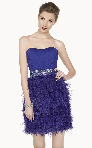 Mini Prom Dress with Feather Skirt and Crystal Waist Strapless Sweetheart