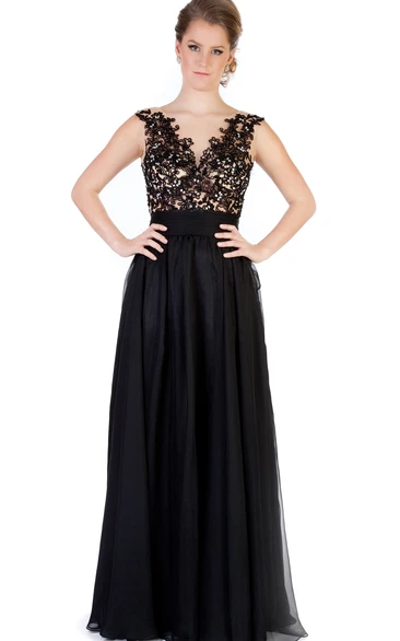 Appliqued Cap-Sleeve A-Line Evening Dress with Bateau-Neck and Pleats