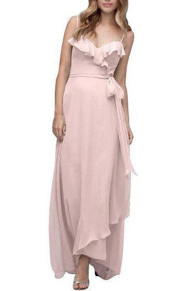 Tea-Length Chiffon Bridesmaid Dress with Wrap and Spaghetti Straps