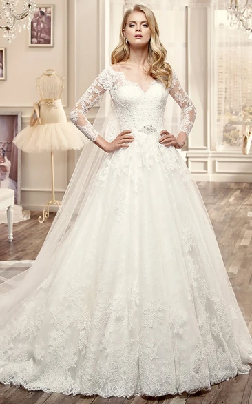 Long Sleeve V-Neck Lace Wedding Dress with Pleated Skirt Classic Bridal Gown
