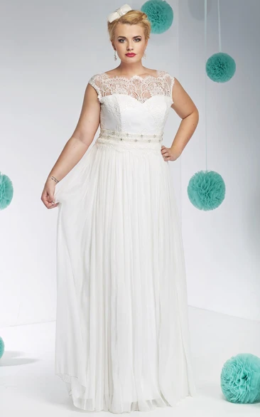 Jeweled Tulle&Lace Plus Size Wedding Dress with Bateau Neck