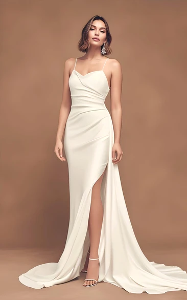 Simple Satin Wedding Dress 2024 Mermaid Sleeveless Split Front Spaghetti Country Beach