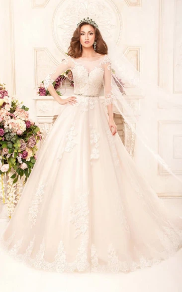 Lace Ball Gown Wedding Dress with Scoop Neckline and Waist Jewelry