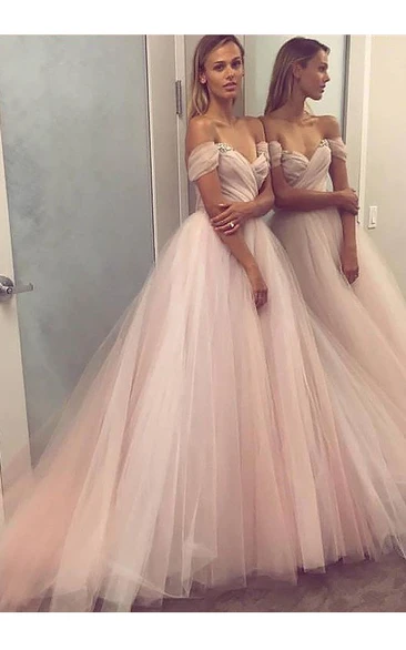 Off-the-Shoulder Tulle A-Line Prom Dress with Cap Sleeves