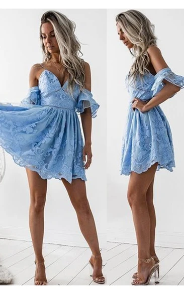 Ruffled A-line Mini Lace Dress with Spaghetti Straps for Homecoming