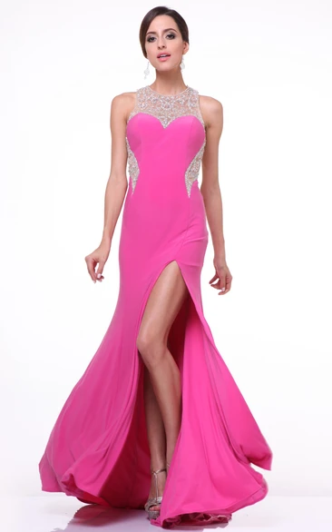 Jewel-Neck Jersey Illusion Sheath Formal Dress with Split Front and Beading