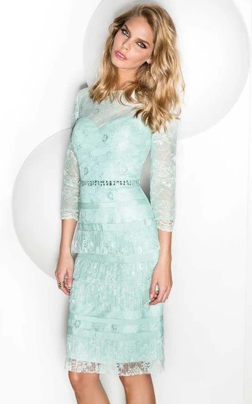 Beaded Knee-Length Jewel-Neck Lace Prom Dress with Sleeves