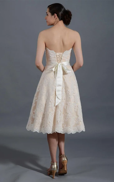 Knee-Length Lace Wedding Dress with Alencon Lace and Satin Belt