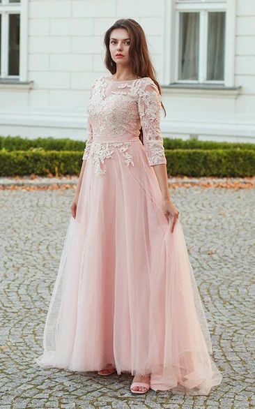 3/4 Sleeve Lace Tulle Formal Dress with Appliques Romantic Open Back Formal Dress