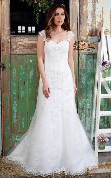 Appliqued Lace Wedding Dress Queen Anne Maxi Style
