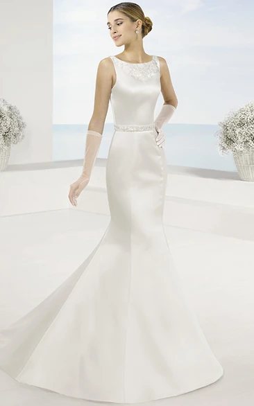 Sleeveless Mermaid Satin Wedding Dress with Jewelled Waist and Illusion Back