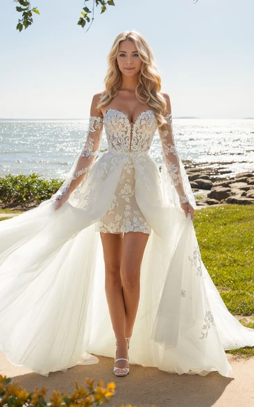 Beautiful Elegant A-Line Removable Boho Sleeved Wedding Dress with Sweep Train and Appliques