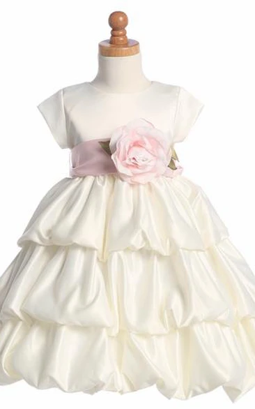 Cap-Sleeve Satin Flower Girl Dress with Tiered Skirt Tea-Length