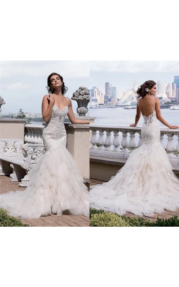 Sweetheart Sleeveless Trumpet Tulle Lace Wedding Dress with Beading and Appliques