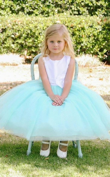 Tiered Tulle & Satin Floral Tea-Length Flower Girl Dress with Embroidery