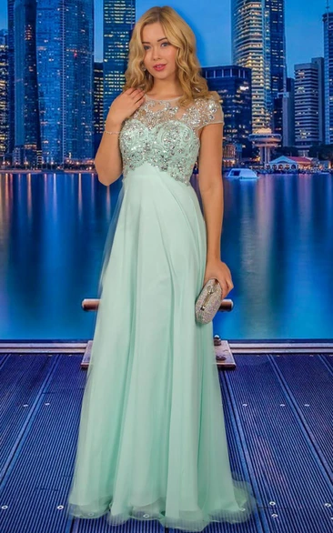 Empire Cap-Sleeve Chiffon Prom Dress with Beading and Scoop-Neck A-Line Formal Dress