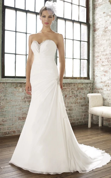 Long Sweetheart Chiffon Wedding Dress with Draping and Beading Sheath Bridal Gown