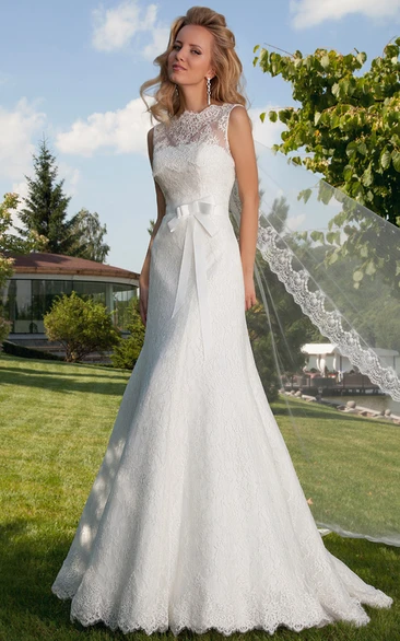 Sleeveless Lace A-Line Wedding Dress with Illusion Back and Court Train Classic Bridal Gown