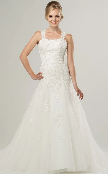 Strapped Lace&Tulle A-Line Wedding Dress with Beaded Appliques