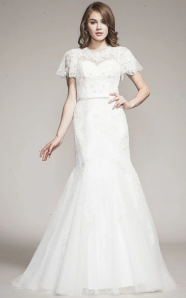 Caped Mermaid Wedding Dress with Short Sleeves and Floor-Length Lace&Tulle