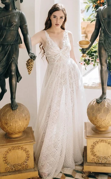 Bohemian V-Neck Lace Tulle Wedding Dress with Chapel Train and Ruching A-Line