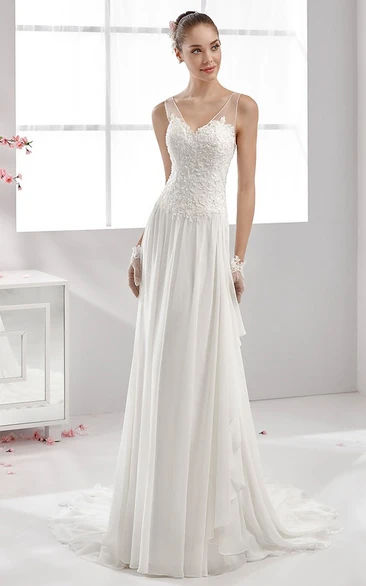 Draping Gown with Lace Bodice and Chiffon Skirt Sweetheart Flowy Women