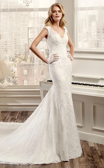 Lace Wedding Dress with Open Back and Court Train V-Neck