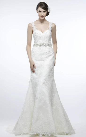 Lace Appliqued Wedding Dress with V-Back and Court Train Floor-Length