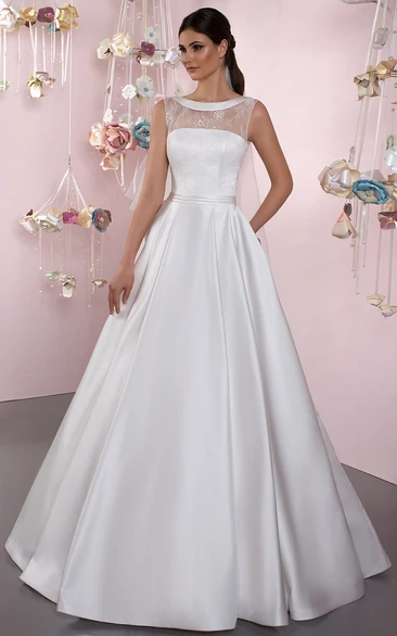 Satin A-Line Wedding Dress with Lace-Up Back and Bow Detail