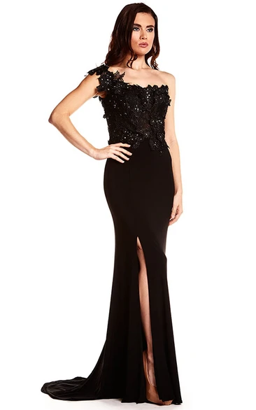 Applique One-Shoulder Jersey Prom Dress Sexy Sheath Style with Split-Front
