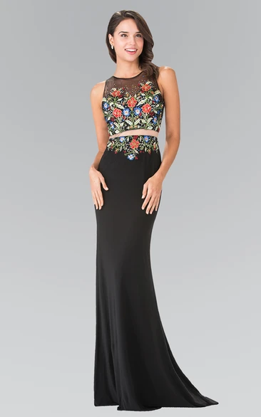 Sleeveless Sheath Jersey Illusion Dress with Embroidery Modern Formal Dress